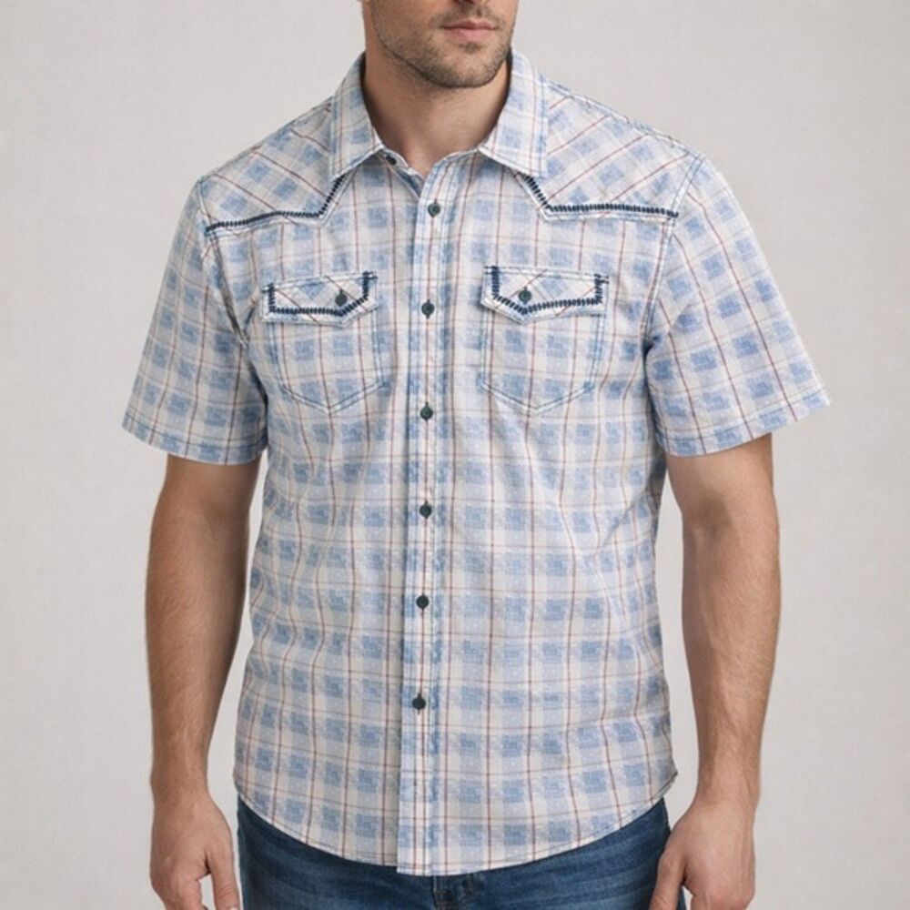 Brad Paisley Moonshine Spirit Western Shirt Blue & Cream Plaid Men’s Size Large - Picture 12 of 12